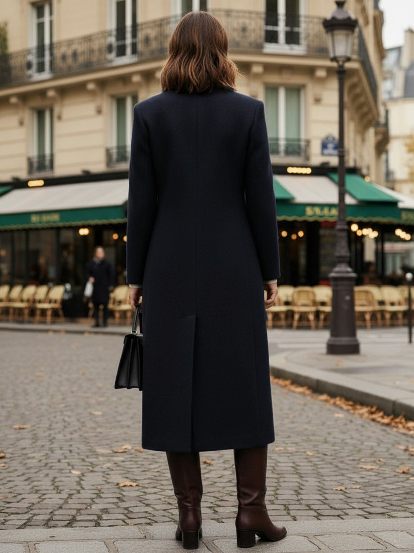 Woolen Double-Breasted Long Coat With Notch Lapel And Flap Pockets For Women 2026