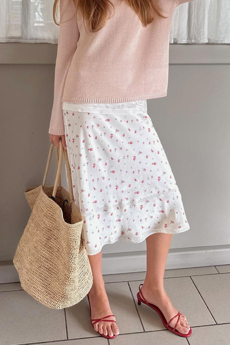 Floral Lace Panel Midi Skirt