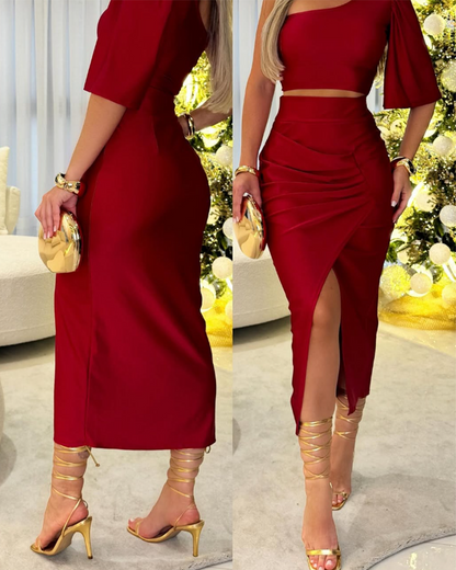 Sexy One-Sided Sleeve Irregular Half Skirt Suit