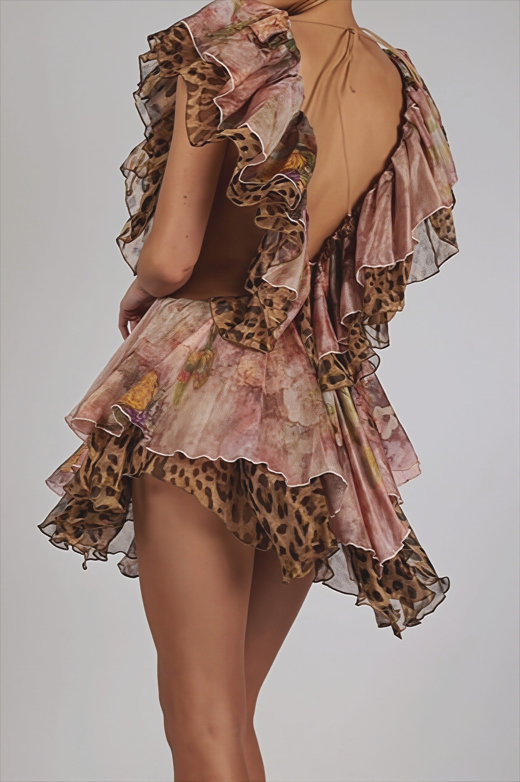 Floral Spotted Mixed Print Deep V Ruffle Tiered Chiffon Mini Dress