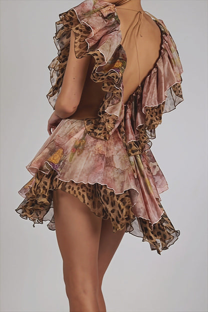 Floral Spotted Mixed Print Deep V Ruffle Tiered Chiffon Mini Dress