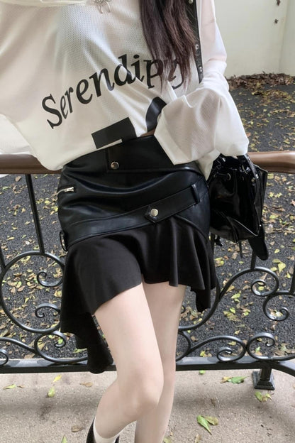 Asymmetrical Ruffle A-Line PU Leather Skirt