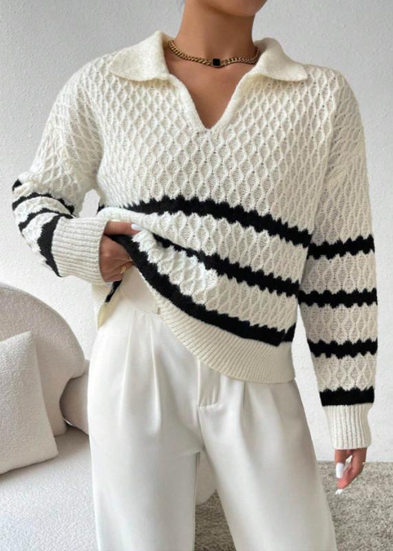 Polo Collar Textured Pullover – Elegant Striped Knitwear