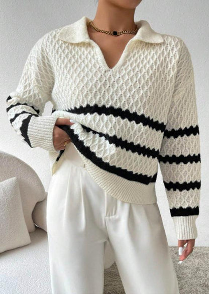 Polo Collar Textured Pullover – Elegant Striped Knitwear