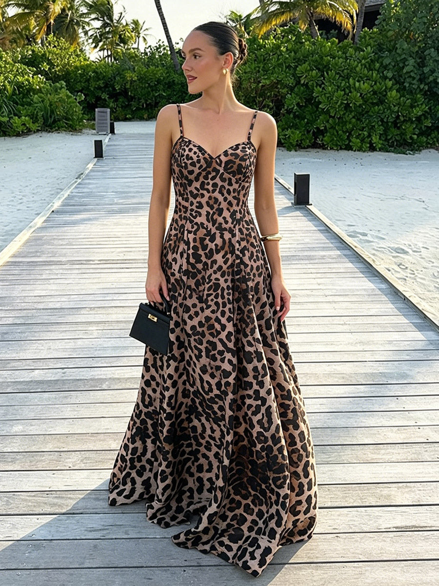 Leopard Maxi Sundress For Women - Animal Print Sexy Spaghetti Strap Flare Long Dress - Summer Beach Vacation 2026