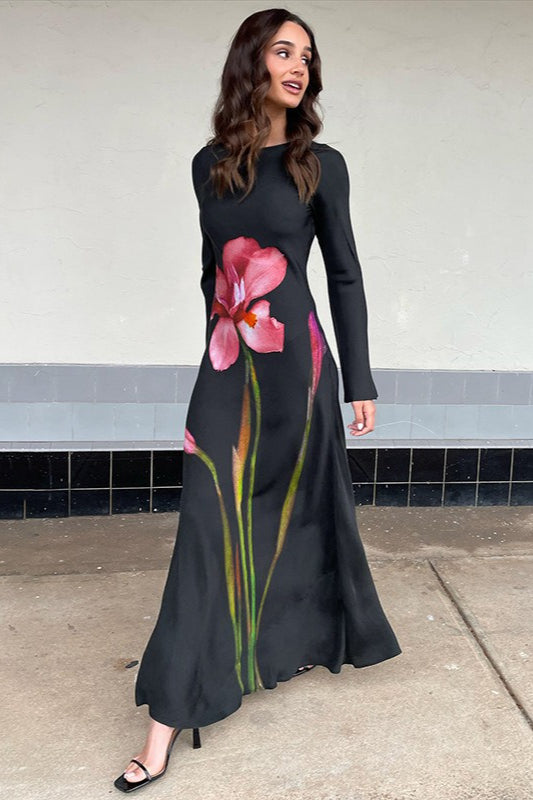 Elegant Long Sleeve Floral Print Backless Maxi Dress
