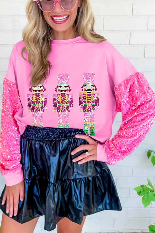 Pink Nutcracker Sequin Sleeve Patchwork Graphic Sweatshirt