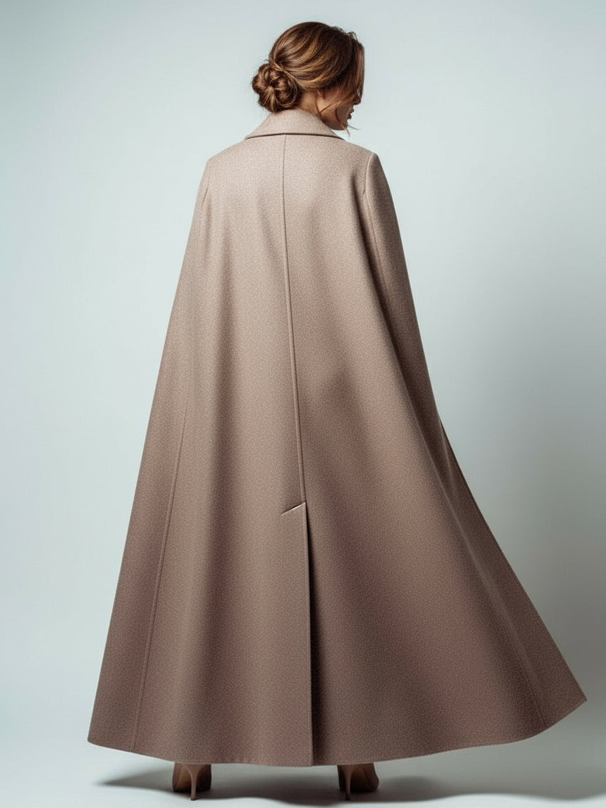 Maxi Double-breasted Woolen Coat With Detachable Cape And Belt For Women 2026
