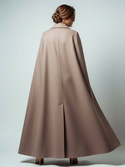 Maxi Double-breasted Woolen Coat With Detachable Cape And Belt For Women 2026