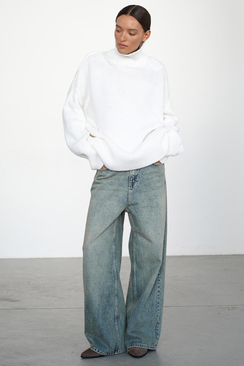 Solid High Neck Slouchy Slim-Fit Knit Sweater