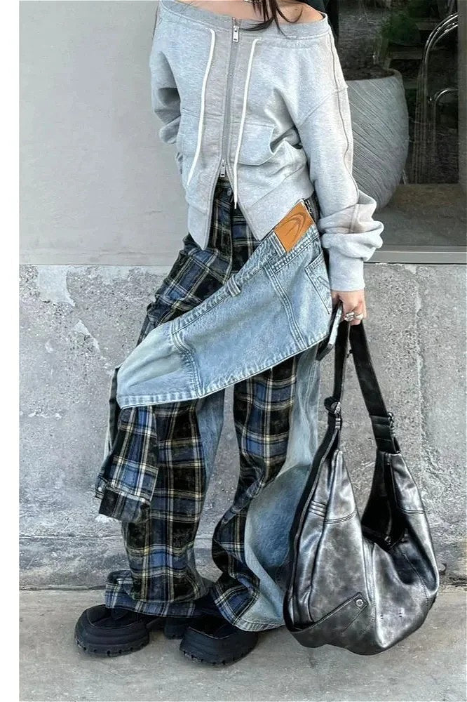 Plaid Patchwork High Waist Denim Pant