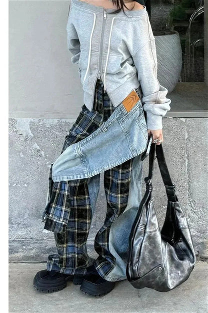 Plaid Patchwork High Waist Denim Pant