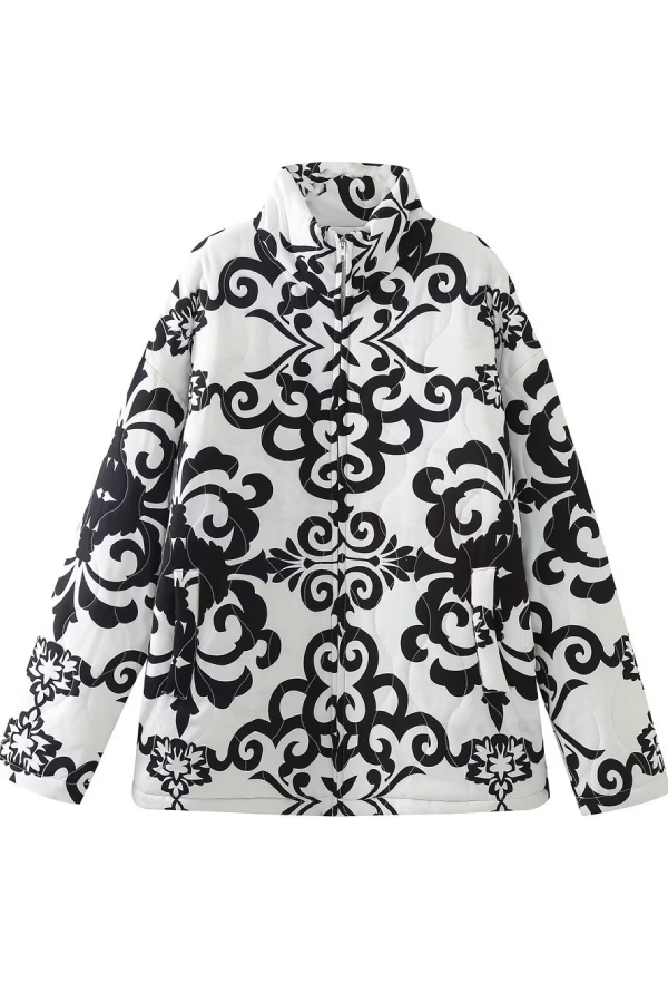 Loose Stand Collar Printed Casual Cotton Jacket