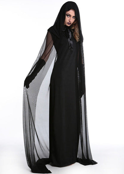 Gothic Witch Costume - Long Black Hooded Dress with Sheer Cape