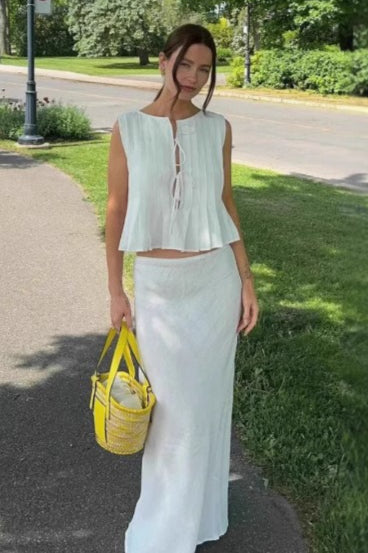 Tie Strap Sleeveless Top High Waist Skirt Set