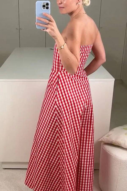 Red Strapless Plaid Dress