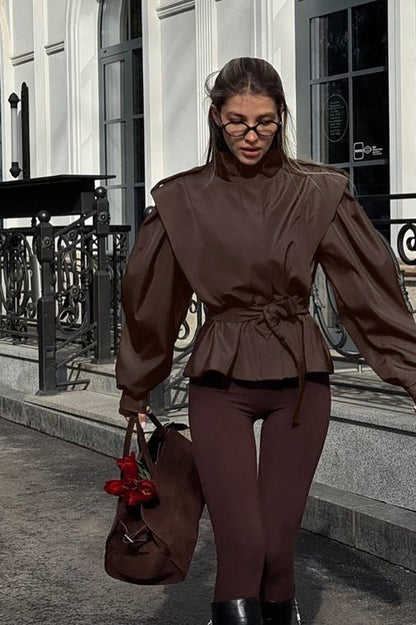 Tie-Waist Collared Long-Sleeve Loose Trench Coat