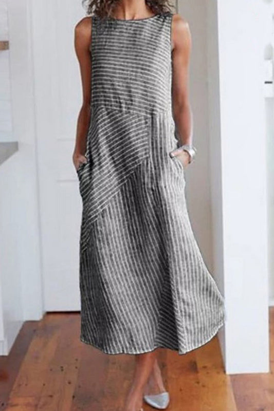 Striped Round Neck Sleeveless Oversized Fitted Dress