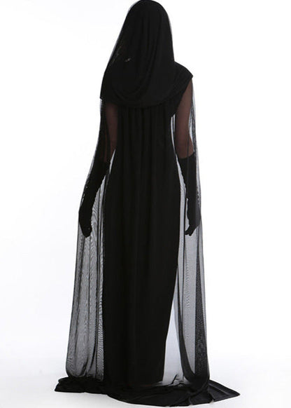 Gothic Witch Costume - Long Black Hooded Dress with Sheer Cape