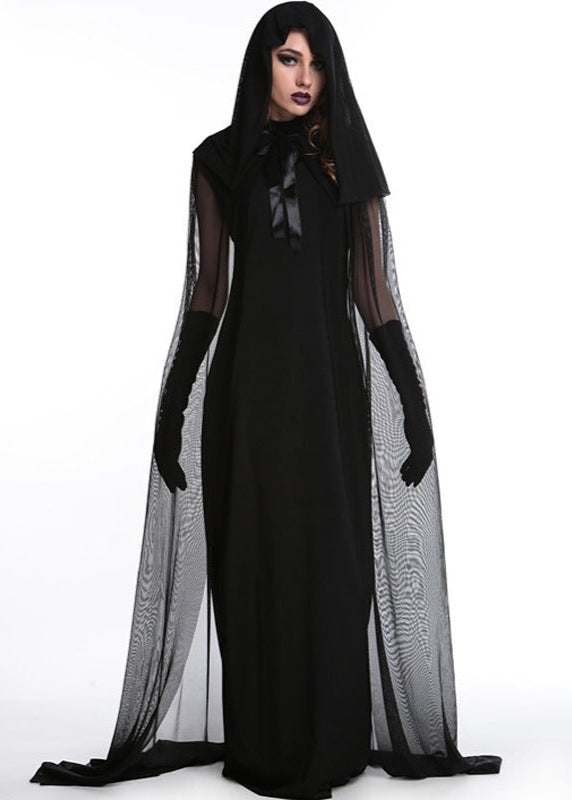 Gothic Witch Costume - Long Black Hooded Dress with Sheer Cape