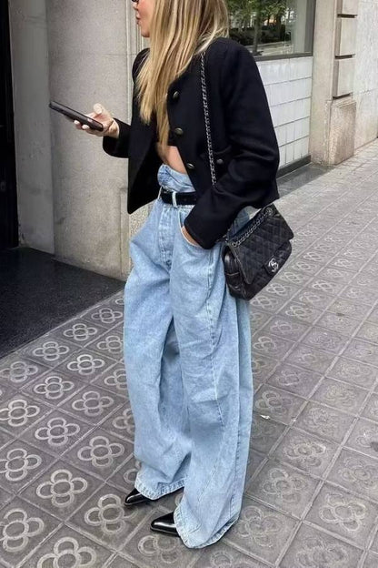 Round Neck Slim Fit Colorblock Women's Button Jacket