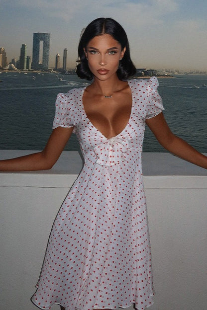 Polka Dot Deep V-Neck Puff Sleeve Tie-Front A-Line Mini Dress