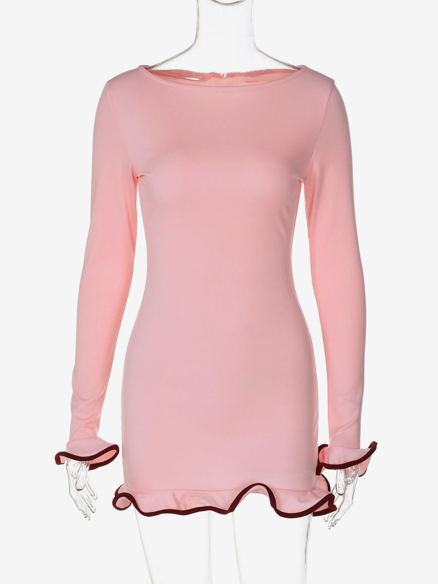 Soft Pink Bodycon Dress Elegant Pleated Long Sleeves Mini Dress For Women 2026