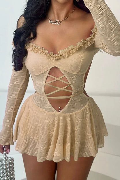 Lace Long Sleeve Ruffle Trim Cutout Lace-Up Crisscross Hem Mini Dress