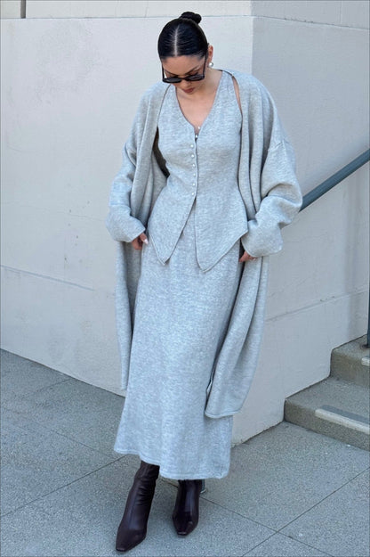 Vintage Gray Knit Jacket Vest & Maxi Skirt Three Piece Set
