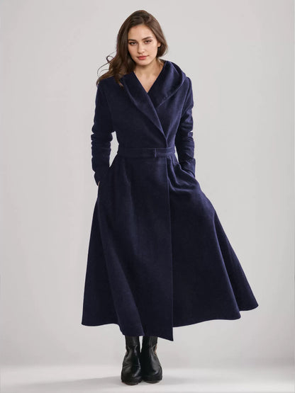 Woolen Flared Coat With Hood Vintage Belted A-line Winter Long Outerwear For Women 2026