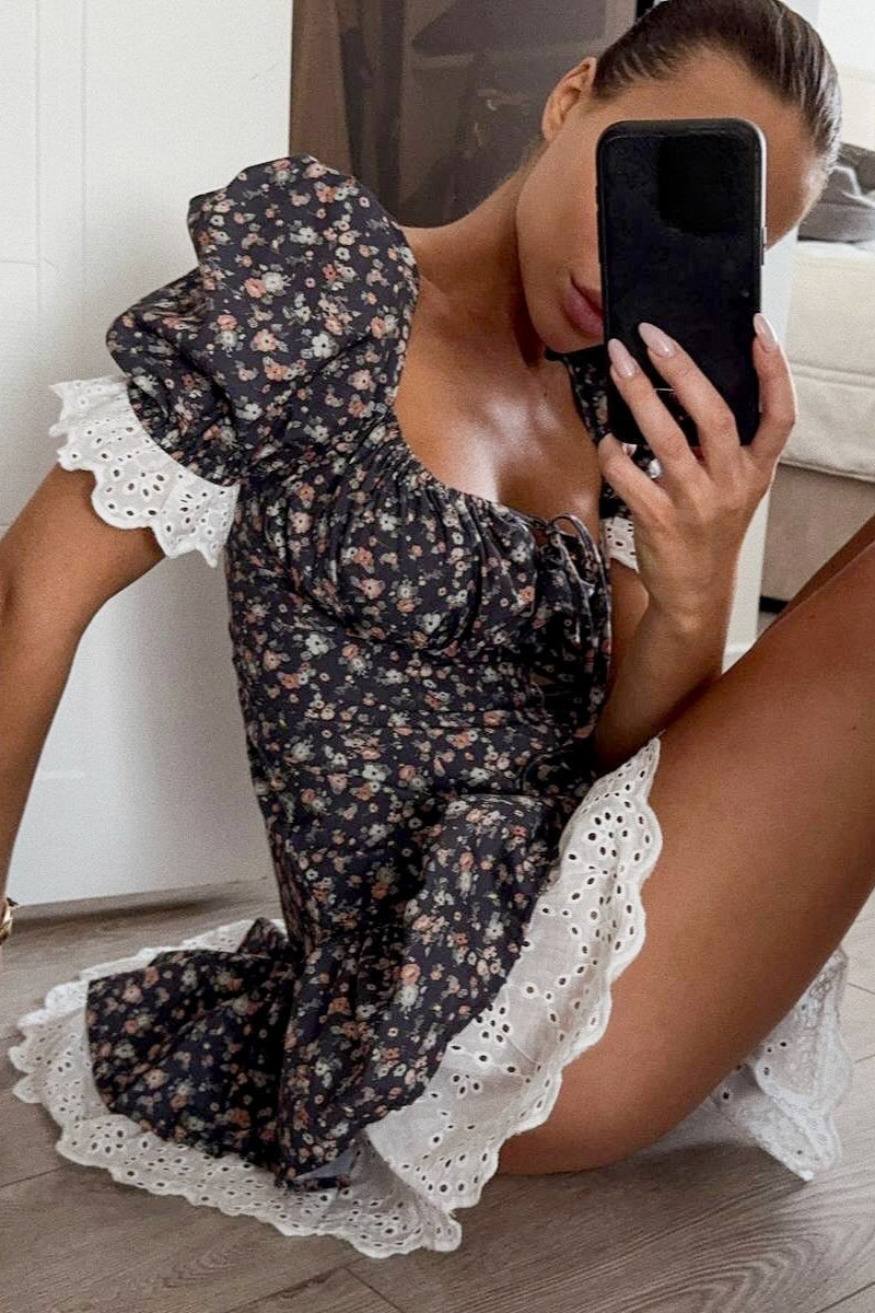 Ditsy Floral Milkmaid Puff Sleeve Scalloped Eyelet Lace Trim Mini Dress