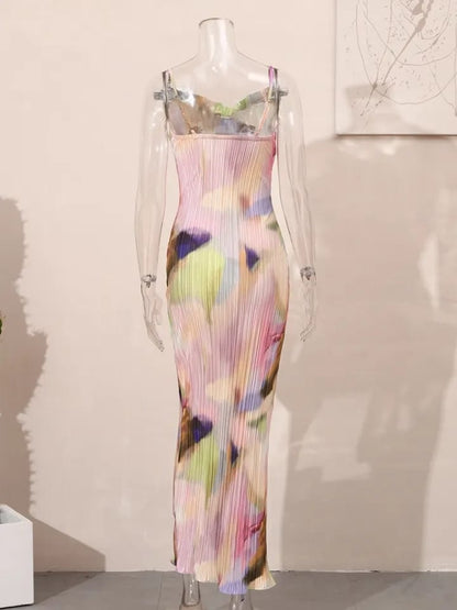 Spaghetti Strap Pleated Cowl Neck Maxi Dress