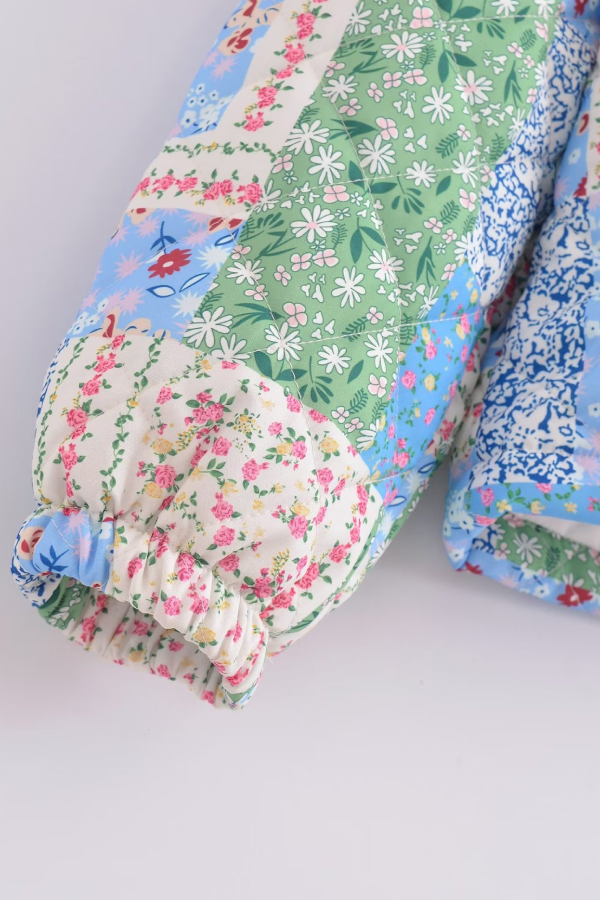 Loose Stand Collar Long Sleeve Floral Printed Cotton Jacket