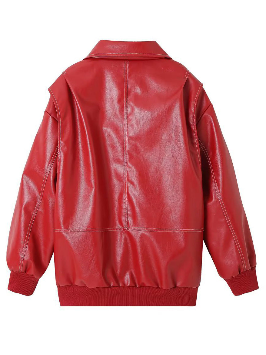 Red PU Leather Jacket Collared Long Sleeves Zipper Daily Casual Jackets