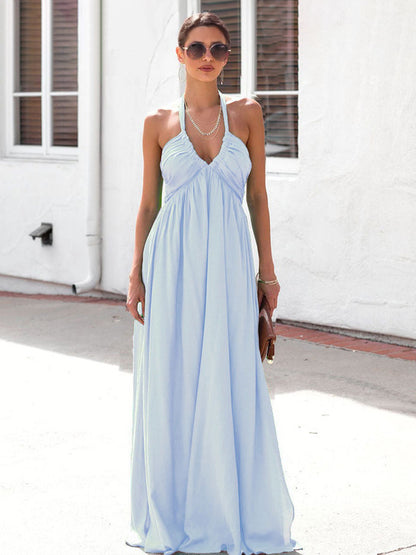 Halter Neck Maxi Dress for Women - Boho V Neck Ruched Flowy Backless Sun Dress - Summer Beach Party 2026