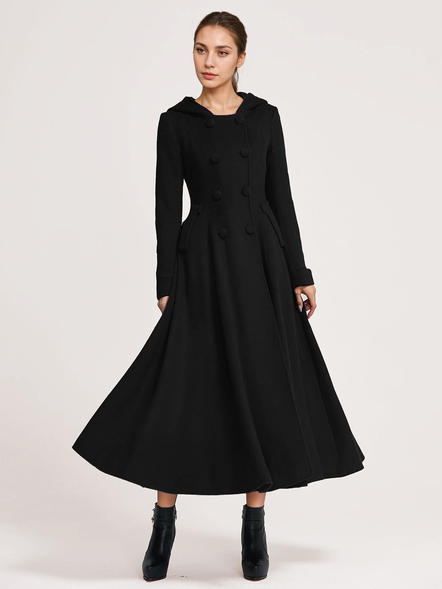 Woolen Flared Coat With Hood Dark Navy Double-breasted Elegant A-line Winter Long Outerwear For Women 2026