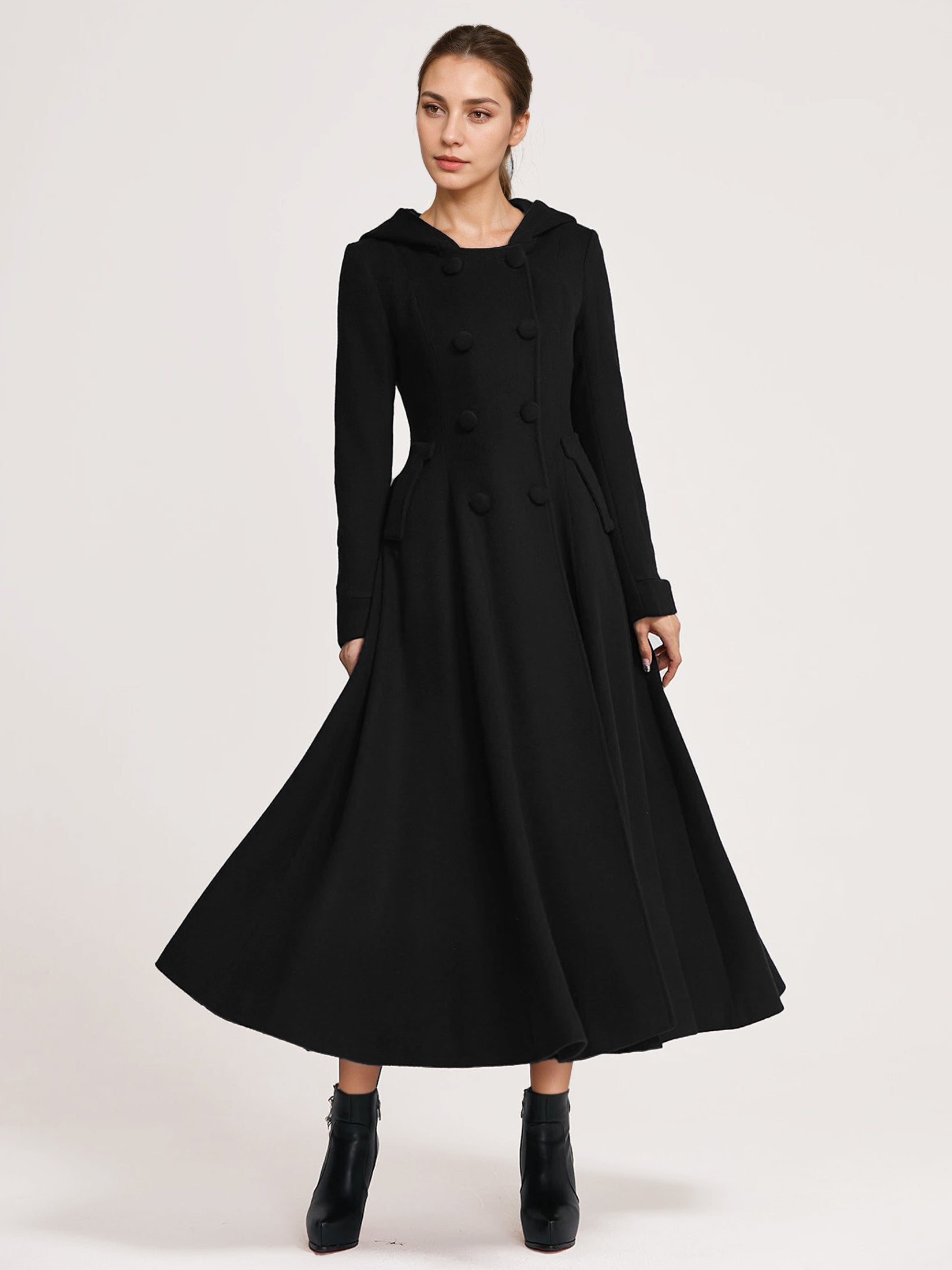 Woolen Flared Coat With Hood Dark Navy Double-breasted Elegant A-line Winter Long Outerwear For Women 2026