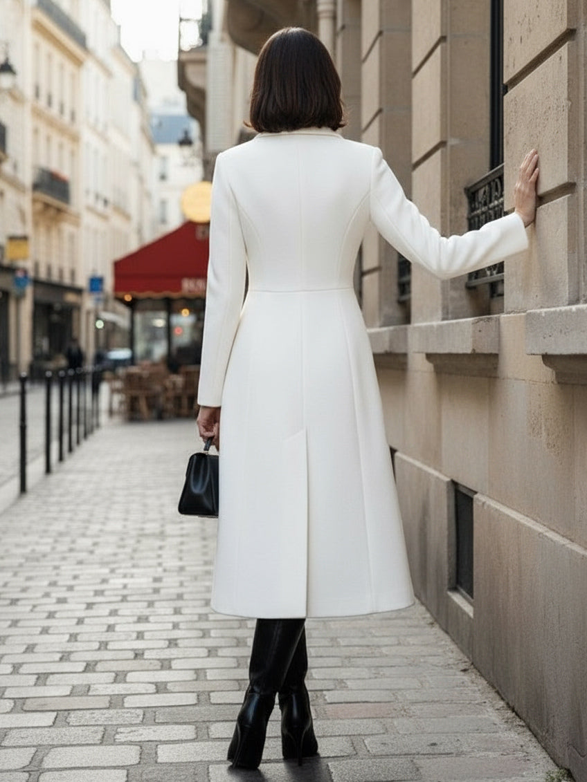 White Woolen Double-Breasted Midi Coat With Sharp Lapel And X-Line For Women 2026