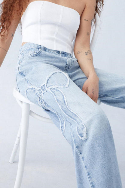Embroidered Butterfly Raw Hem Jean