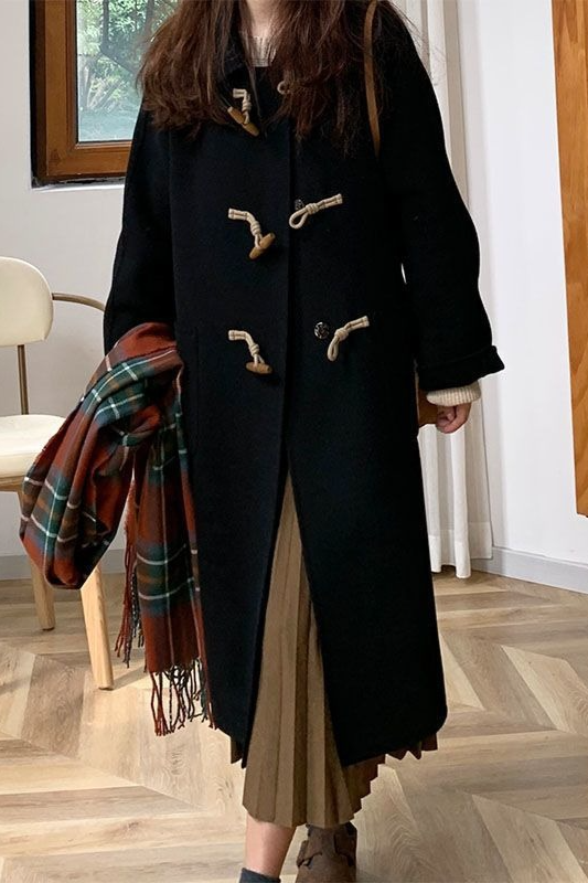 Petite Red Thickened Wool Horn Button Overcoat
