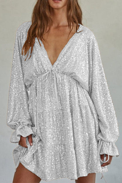 V Neck Balloon Sleeves Backless Drawstring Sequin Dress