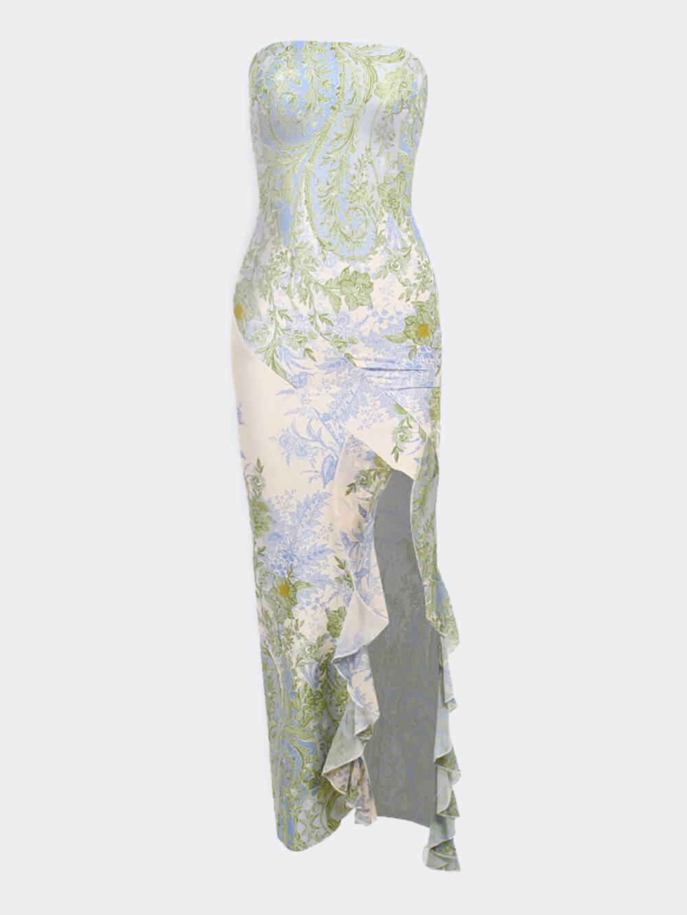 Botanical Floral Strapless Ruffle Slit Column Maxi Dress