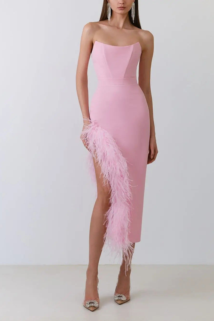Feather Trim Corset-Boned Sweetheart Strapless High Slit Bodycon Midi Dress