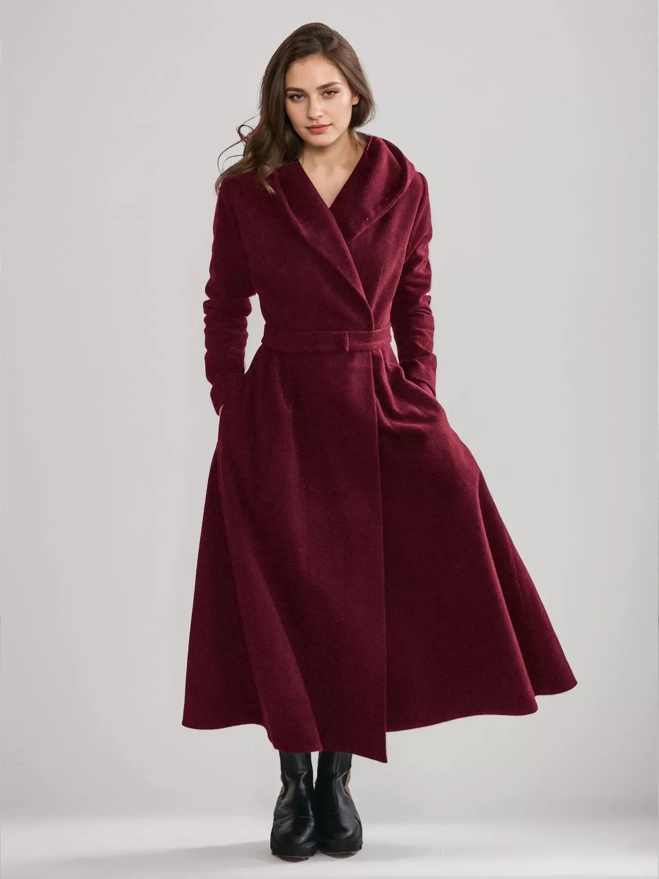 Woolen Flared Coat With Hood Vintage Belted A-line Winter Long Outerwear For Women 2026