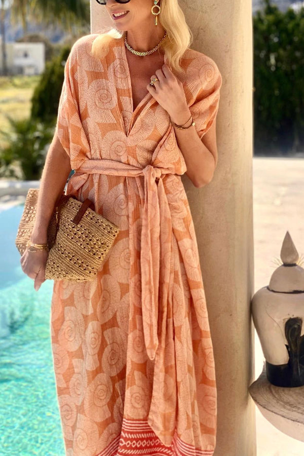 KAFTAN DRESS WITH BELT "KOCHYLI" CORAL