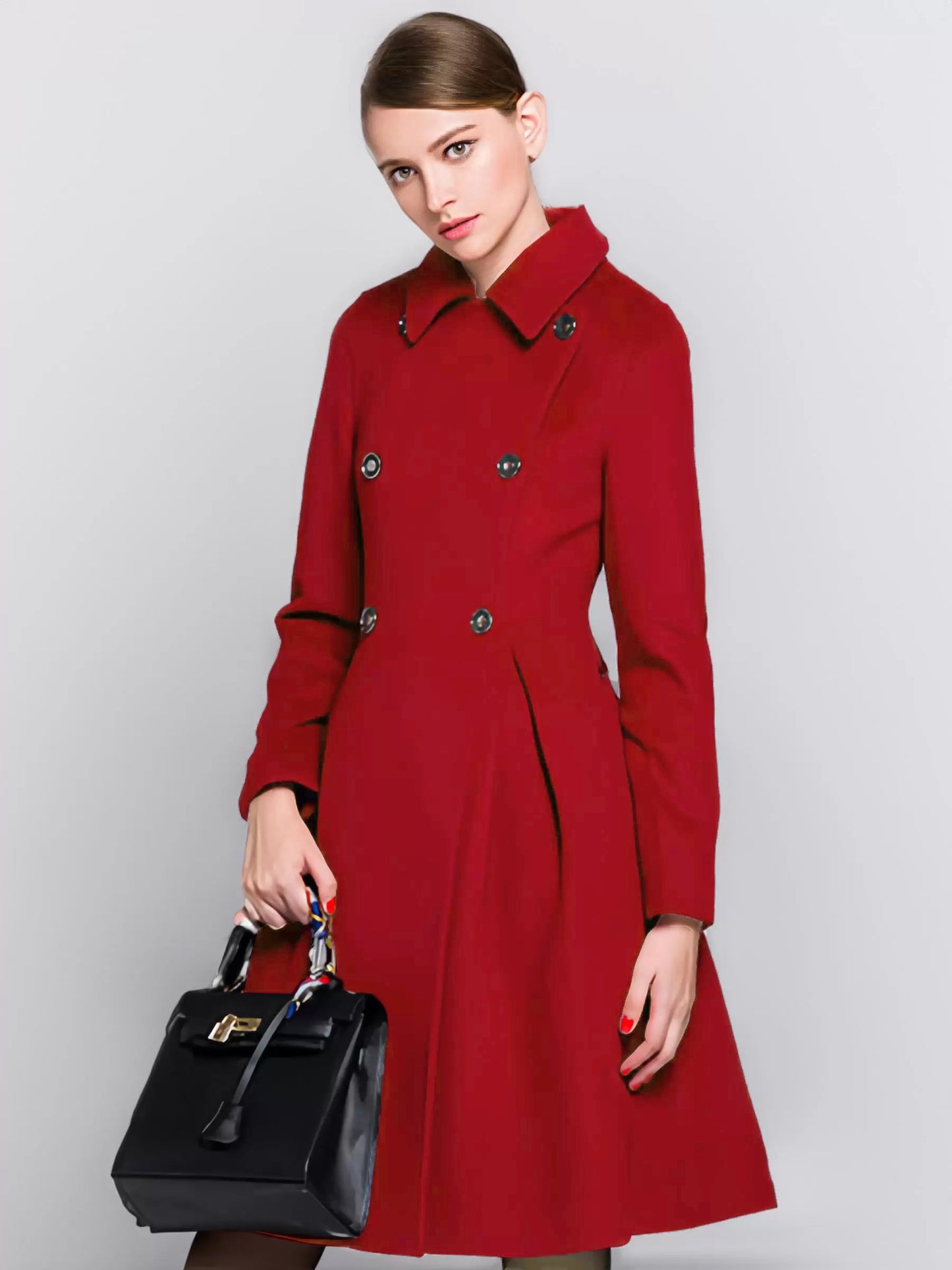 Flared Woolen Coat In Burgundy Double-Breasted Turndown Collar A-line Winter Midi Outerwear For Women 2026