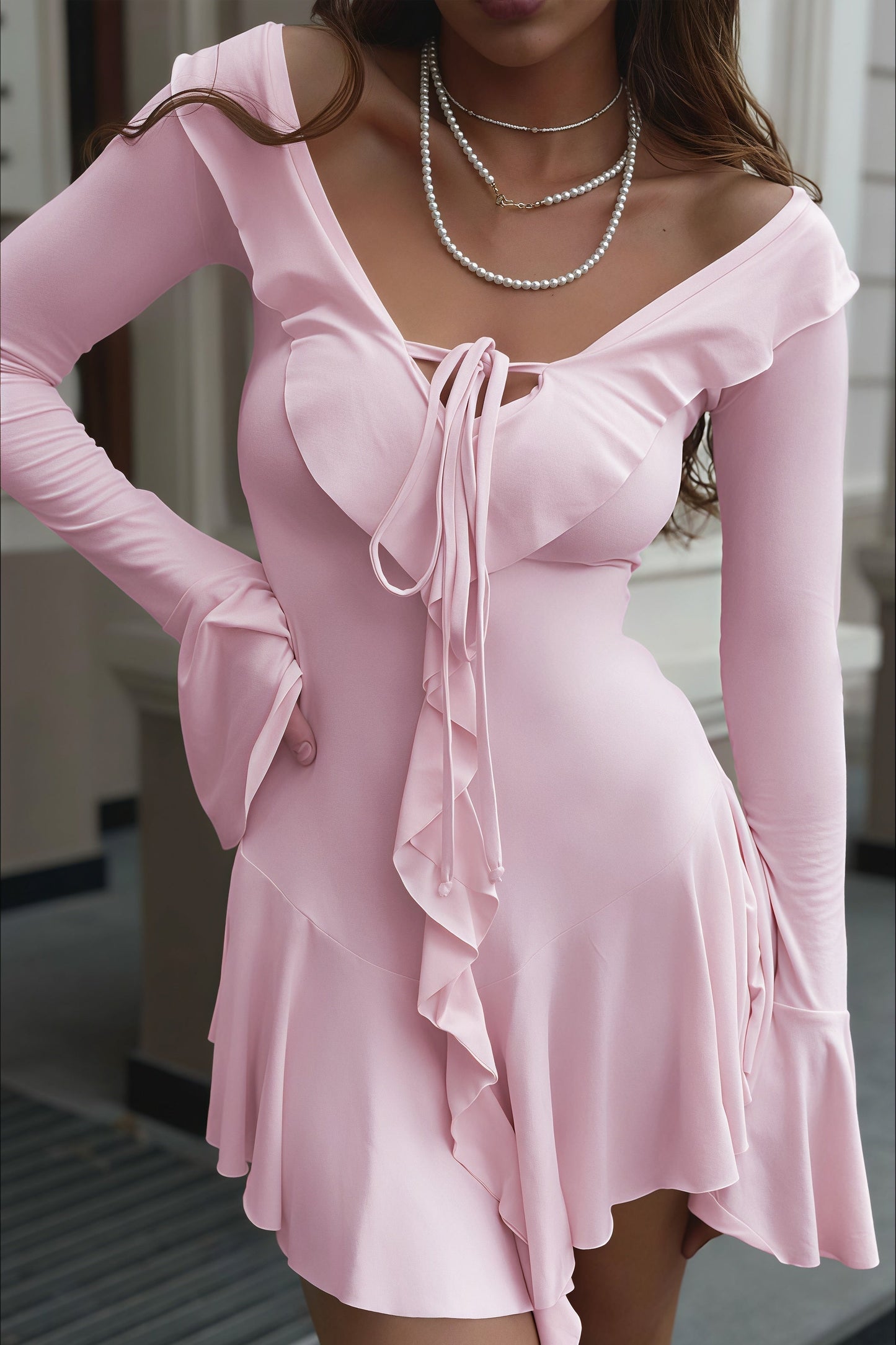 Plunging V-Neck Tie Front Ruffle Trim Bell Sleeve Mini Dress