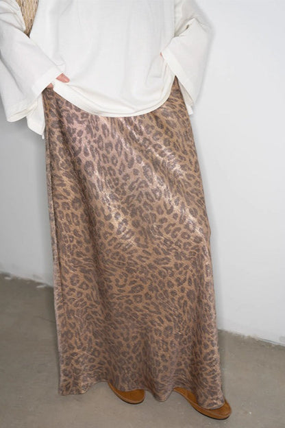 Leopard Print Elastic Waist Straight-Cut Maxi Skirt