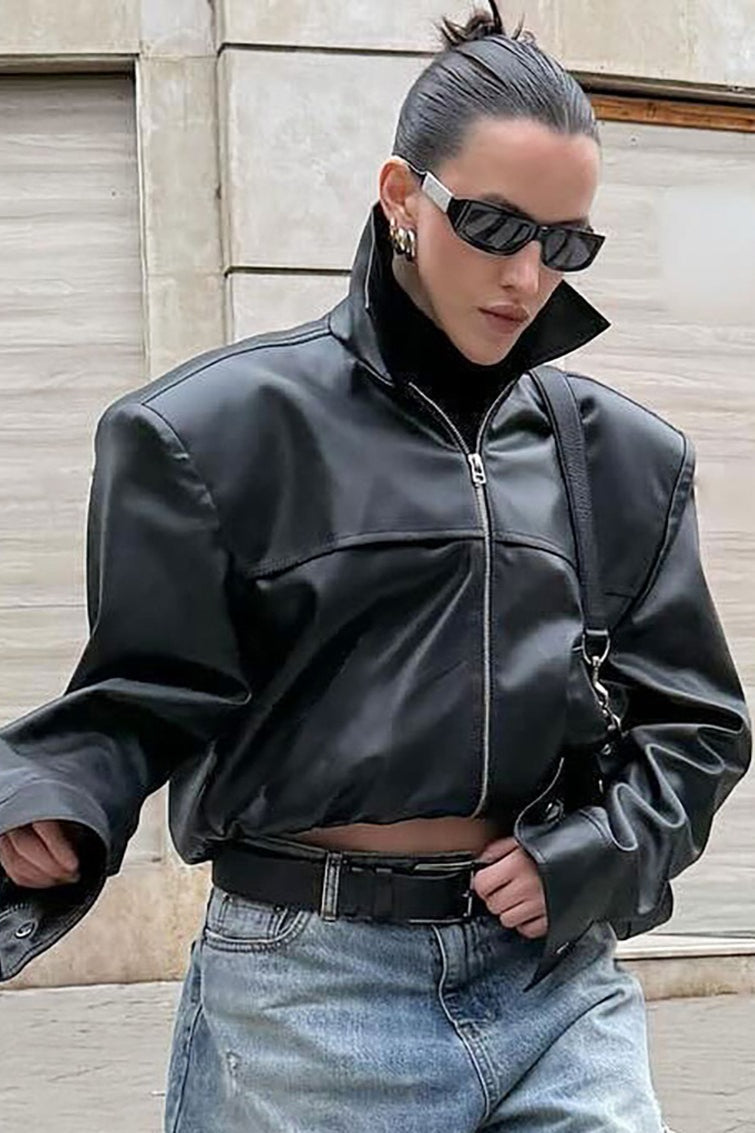 High Neck Leather Moto Jacket