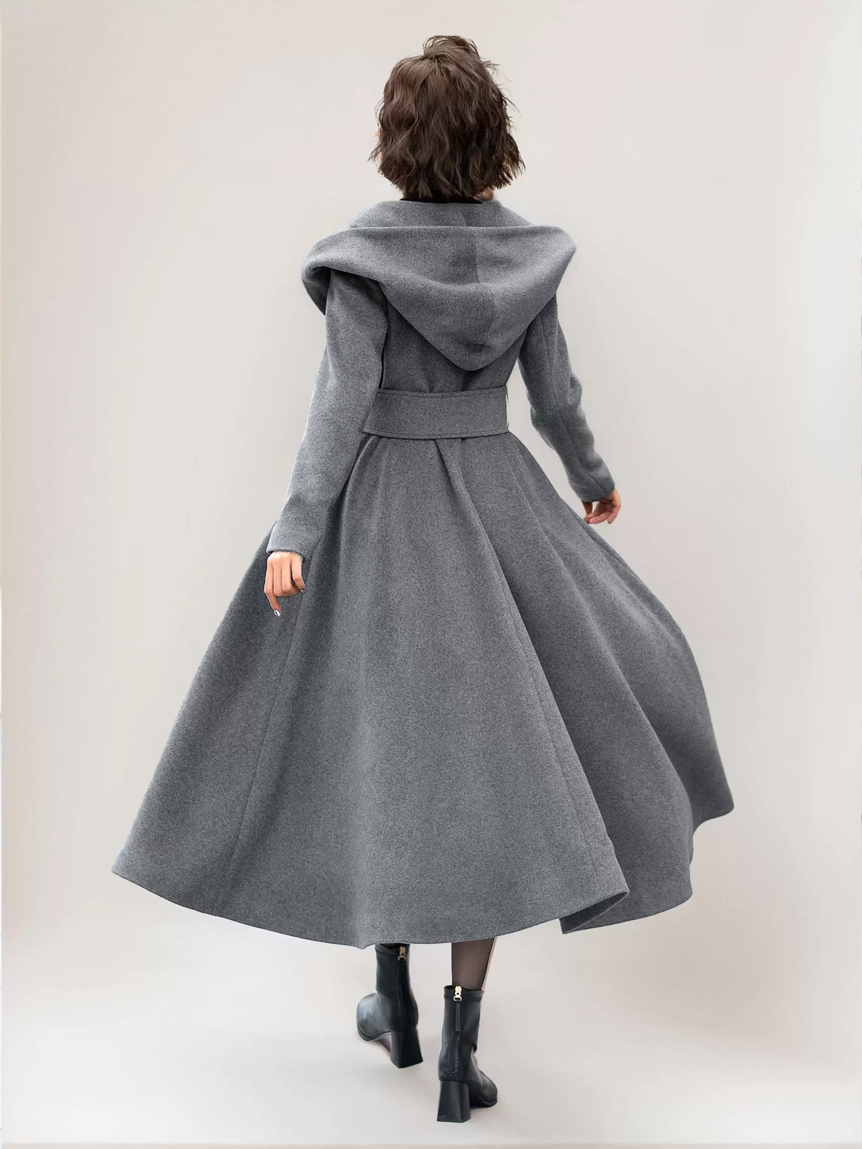 Flared Woolen Coat For Woman Hooded Gray Belted A-line Winter Long Outerwear 2026